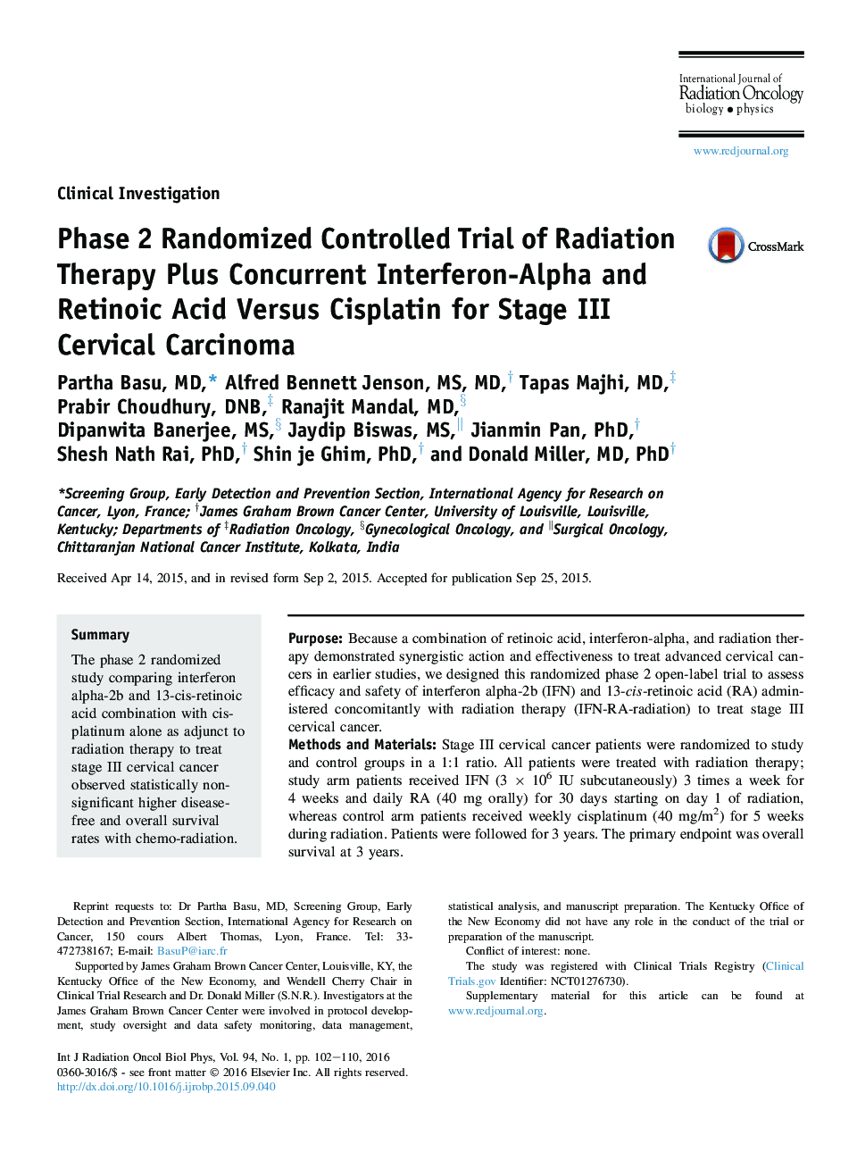 عکس صفحه اول مقاله: Phase 2 Randomized Controlled Trial of Radiation Therapy Plus Concurrent Interferon-Alpha and Retinoic Acid Versus Cisplatin for Stage III Cervical Carcinoma Phase 2 Randomized Controlled Trial of Radiation Therapy Plus Concurrent Interferon-Alpha and Retinoic Acid Versus Cisplatin for Stage III Cervical Carcinoma
