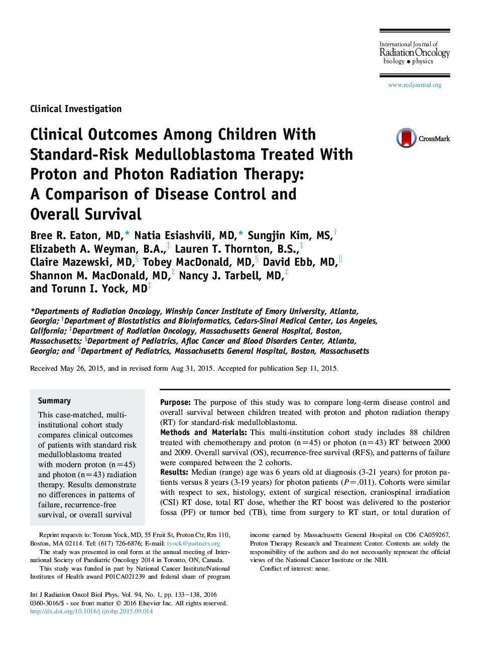 عکس صفحه اول مقاله: Clinical Outcomes Among Children With Standard-Risk Medulloblastoma Treated With Proton and Photon Radiation Therapy: A Comparison of Disease Control and Overall Survival Clinical Outcomes Among Children With Standard-Risk Medulloblastoma Treated With Proton and Photon Radiation Therapy: A Comparison of Disease Control and Overall Survival
