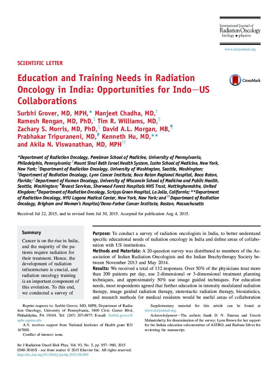 Education and Training Needs in Radiation Oncology in India: Opportunities for Indo-US Collaborations