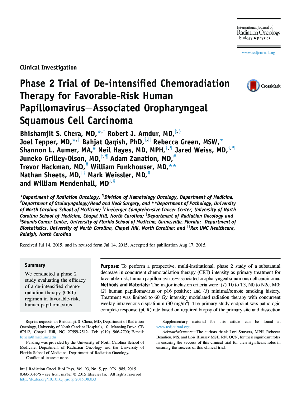 Phase 2 Trial of De-intensified Chemoradiation Therapy for Favorable-Risk Human Papillomavirus-Associated Oropharyngeal Squamous Cell Carcinoma