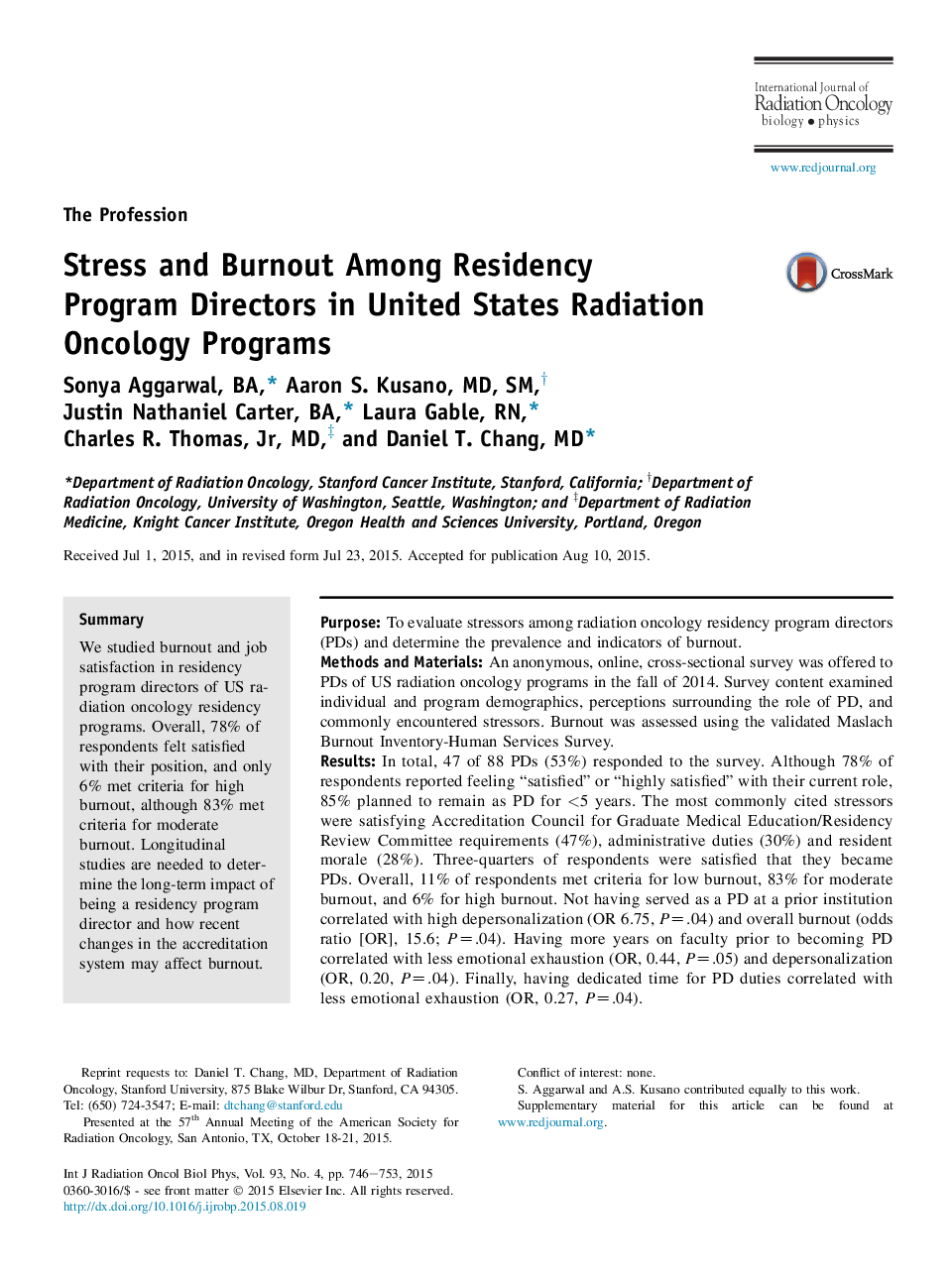 عکس صفحه اول مقاله: Stress and Burnout Among Residency Program Directors in United States Radiation Oncology Programs Stress and Burnout Among Residency Program Directors in United States Radiation Oncology Programs