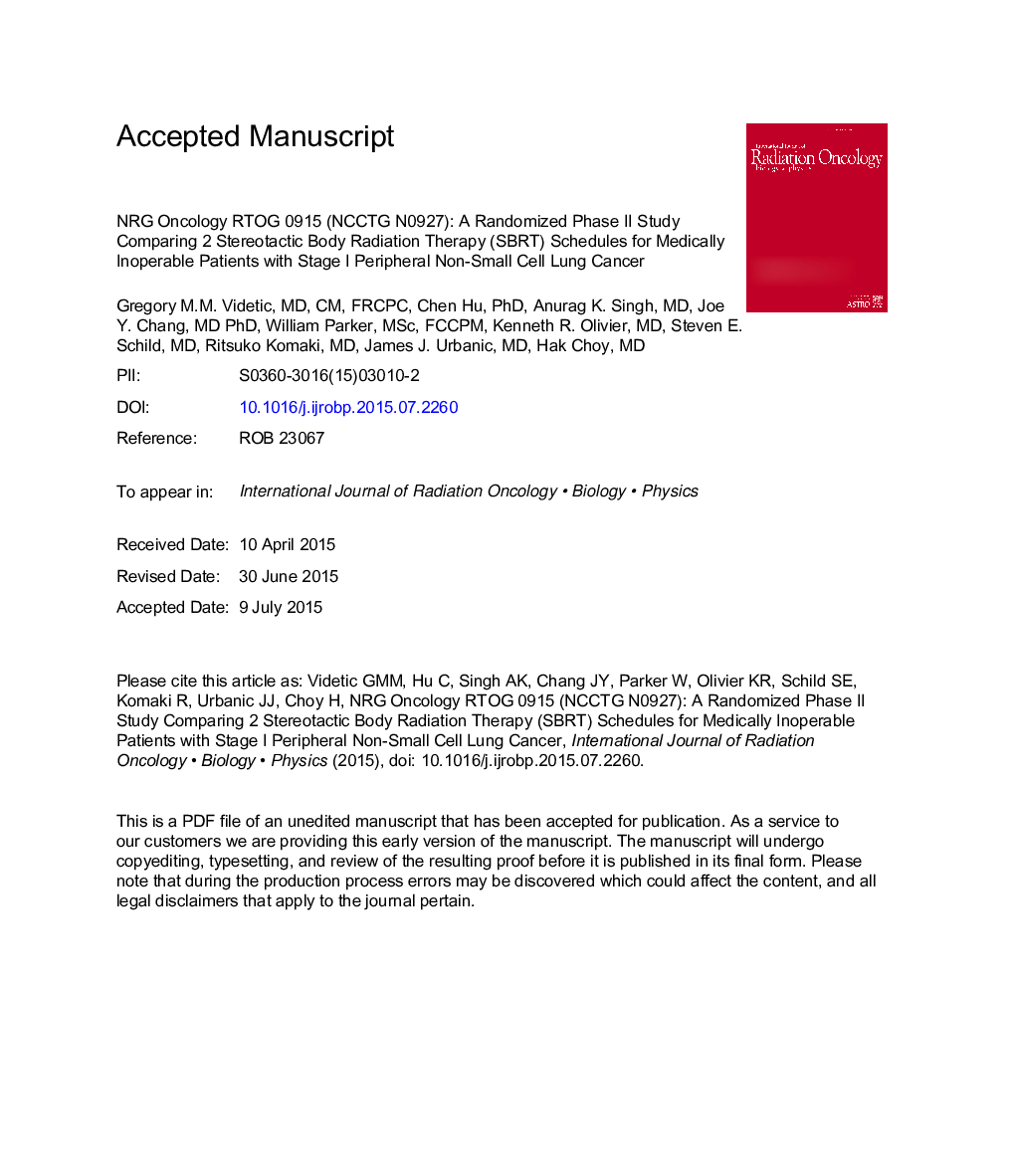 عکس صفحه اول مقاله: A Randomized Phase 2 Study Comparing 2 Stereotactic Body Radiation Therapy Schedules for Medically Inoperable Patients With Stage I Peripheral Non-Small Cell Lung Cancer: NRG Oncology RTOG 0915 (NCCTG N0927) A Randomized Phase 2 Study Comparing 2 Stereotactic Body Radiation Therapy Schedules for Medically Inoperable Patients With Stage I Peripheral Non-Small Cell Lung Cancer: NRG Oncology RTOG 0915 (NCCTG N0927)
