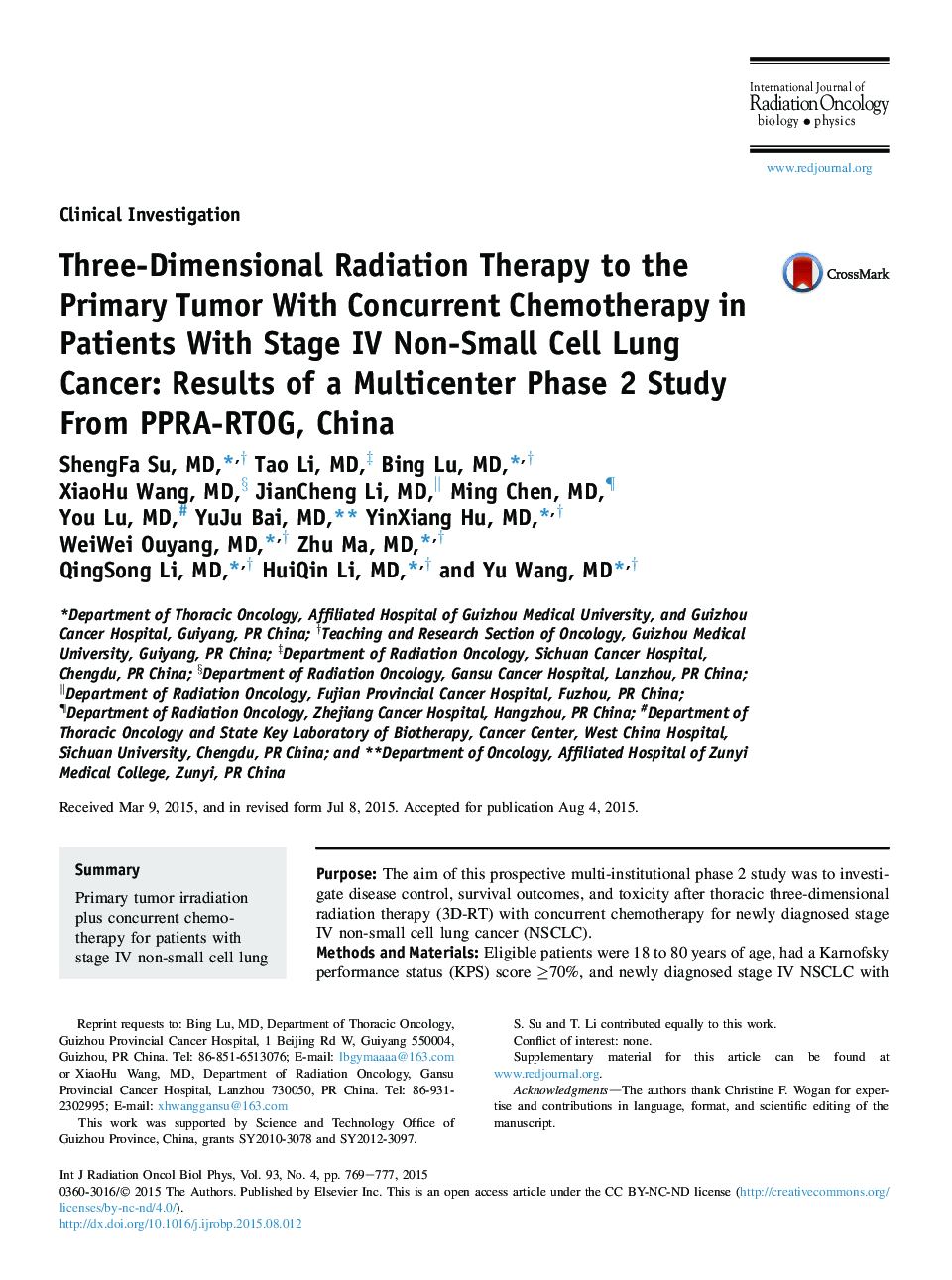 عکس صفحه اول مقاله: Three-Dimensional Radiation Therapy to the Primary Tumor With Concurrent Chemotherapy in Patients With Stage IV Non-Small Cell Lung Cancer: Results of a Multicenter Phase 2 Study From PPRA-RTOG, China Three-Dimensional Radiation Therapy to the Primary Tumor With Concurrent Chemotherapy in Patients With Stage IV Non-Small Cell Lung Cancer: Results of a Multicenter Phase 2 Study From PPRA-RTOG, China