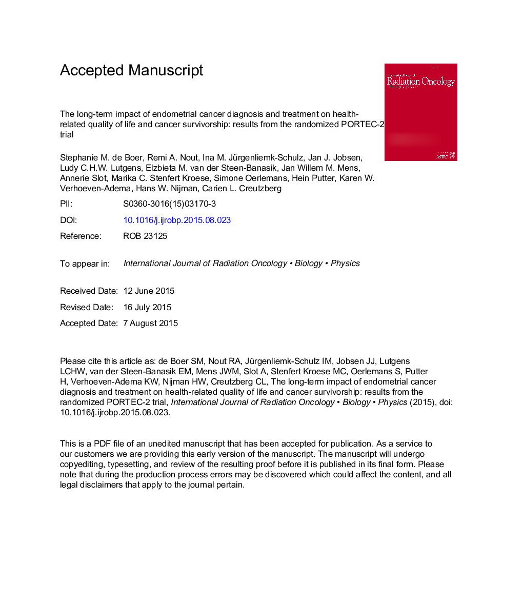 عکس صفحه اول مقاله: Long-Term Impact of Endometrial Cancer Diagnosis and Treatment on Health-Related Quality of Life and Cancer Survivorship: Results From the Randomized PORTEC-2 Trial Long-Term Impact of Endometrial Cancer Diagnosis and Treatment on Health-Related Quality of Life and Cancer Survivorship: Results From the Randomized PORTEC-2 Trial