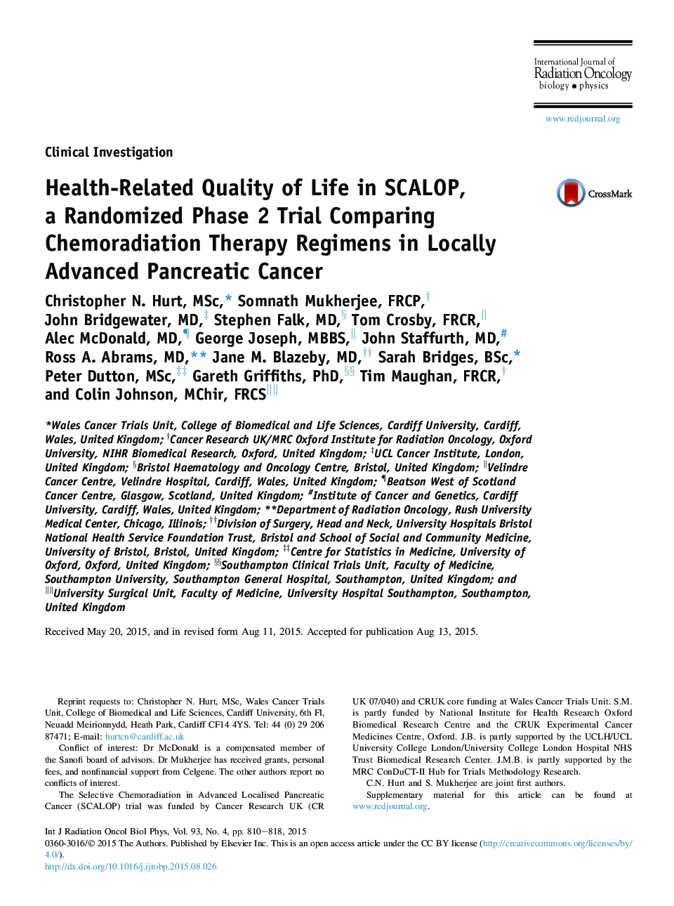 عکس صفحه اول مقاله: Health-Related Quality of Life in SCALOP, a Randomized Phase 2 Trial Comparing Chemoradiation Therapy Regimens in Locally Advanced Pancreatic Cancer Health-Related Quality of Life in SCALOP, a Randomized Phase 2 Trial Comparing Chemoradiation Therapy Regimens in Locally Advanced Pancreatic Cancer