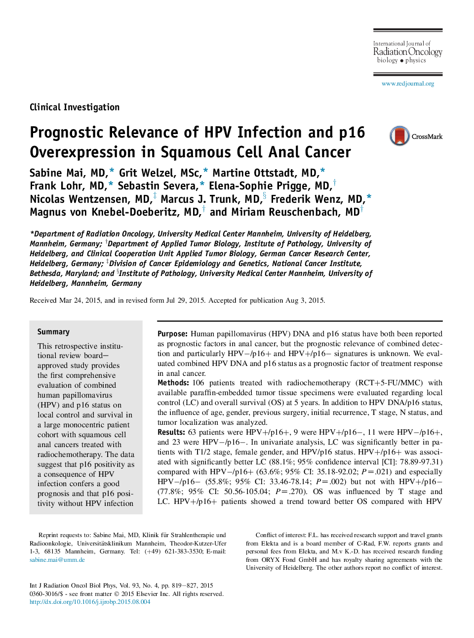 عکس صفحه اول مقاله: Prognostic Relevance of HPV Infection and p16 Overexpression in Squamous Cell Anal Cancer Prognostic Relevance of HPV Infection and p16 Overexpression in Squamous Cell Anal Cancer