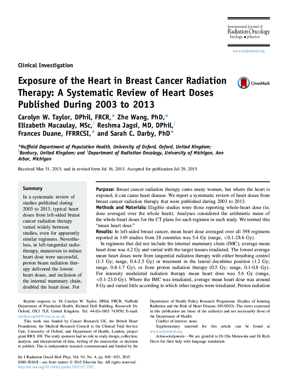 قرار گرفتن در معرض قلب در درمان سرطان پستان: یک بررسی سیستماتیک دوزهای قلب در طول سالهای 2003 تا 2013 