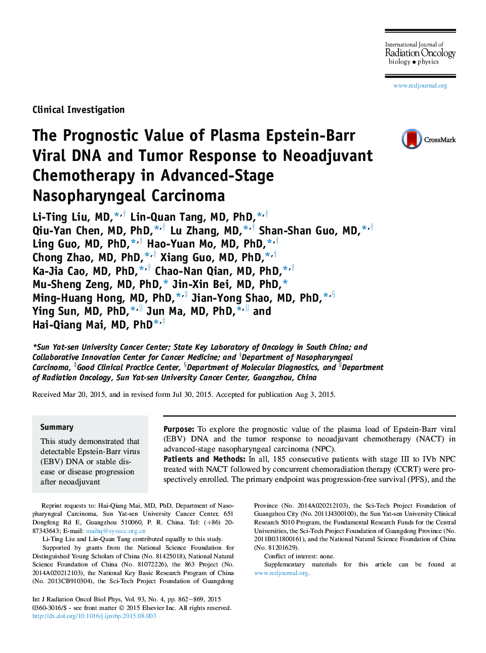 عکس صفحه اول مقاله: The Prognostic Value of Plasma Epstein-Barr Viral DNA and Tumor Response to Neoadjuvant Chemotherapy in Advanced-Stage Nasopharyngeal Carcinoma The Prognostic Value of Plasma Epstein-Barr Viral DNA and Tumor Response to Neoadjuvant Chemotherapy in Advanced-Stage Nasopharyngeal Carcinoma