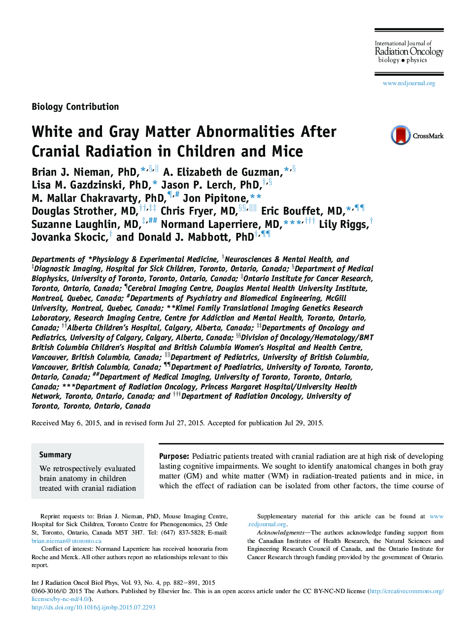 White and Gray Matter Abnormalities After Cranial Radiation in Children and Mice