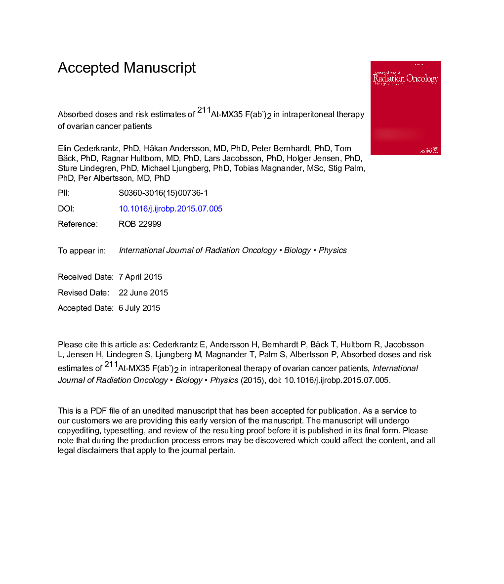 Absorbed Doses and Risk Estimates of 211At-MX35 F(ab')2 in Intraperitoneal Therapy of Ovarian Cancer Patients