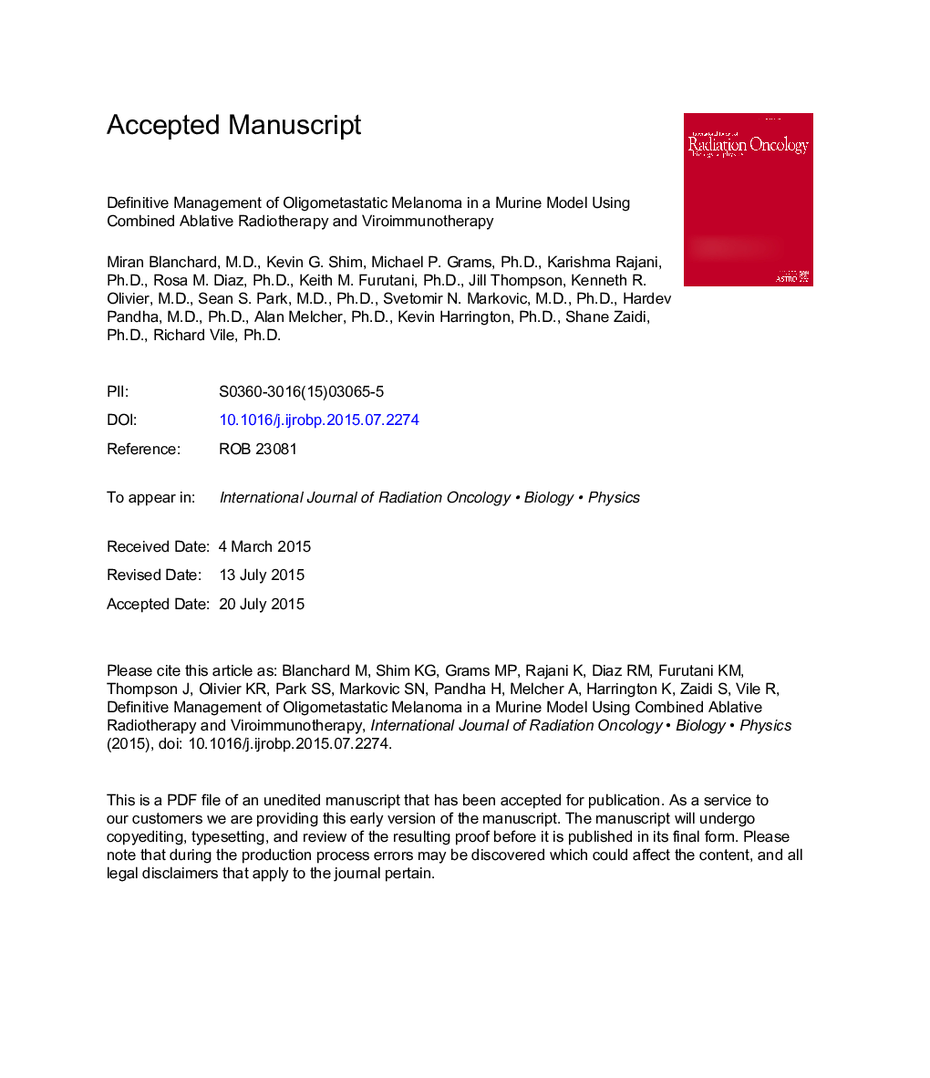 Definitive Management of Oligometastatic Melanoma in a Murine Model Using CombinedÂ Ablative Radiation Therapy andÂ ViralÂ Immunotherapy