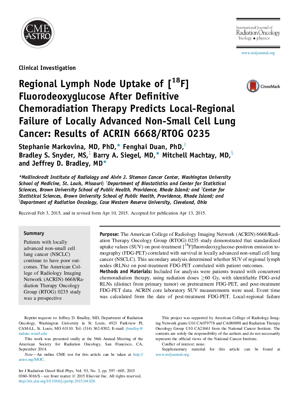 Regional Lymph Node Uptake of [18F]Fluorodeoxyglucose After Definitive Chemoradiation Therapy Predicts Local-Regional Failure of Locally Advanced Non-Small Cell Lung Cancer: Results of ACRIN 6668/RTOG 0235