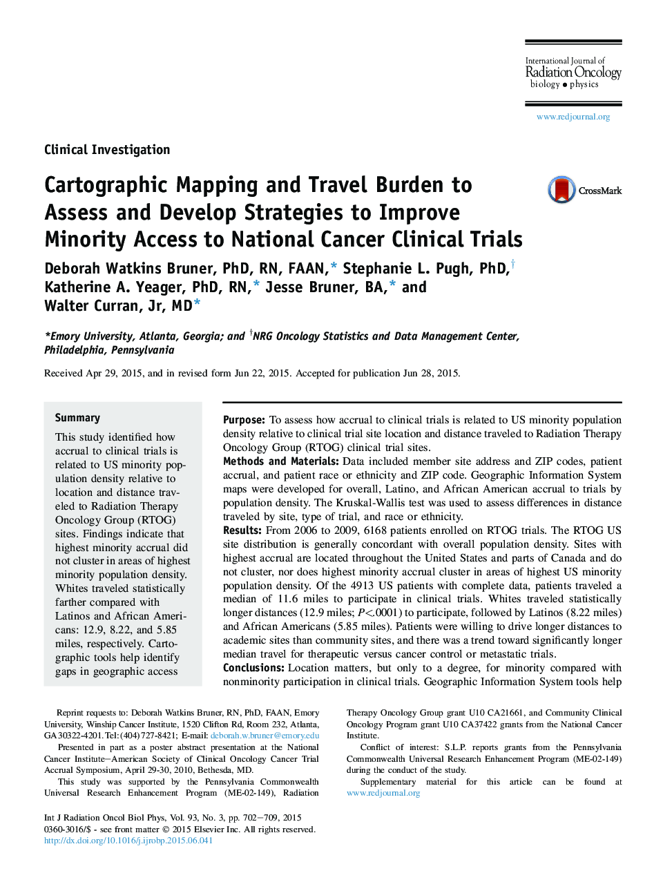 Cartographic Mapping and Travel Burden to Assess and Develop Strategies to Improve Minority Access to National Cancer Clinical Trials