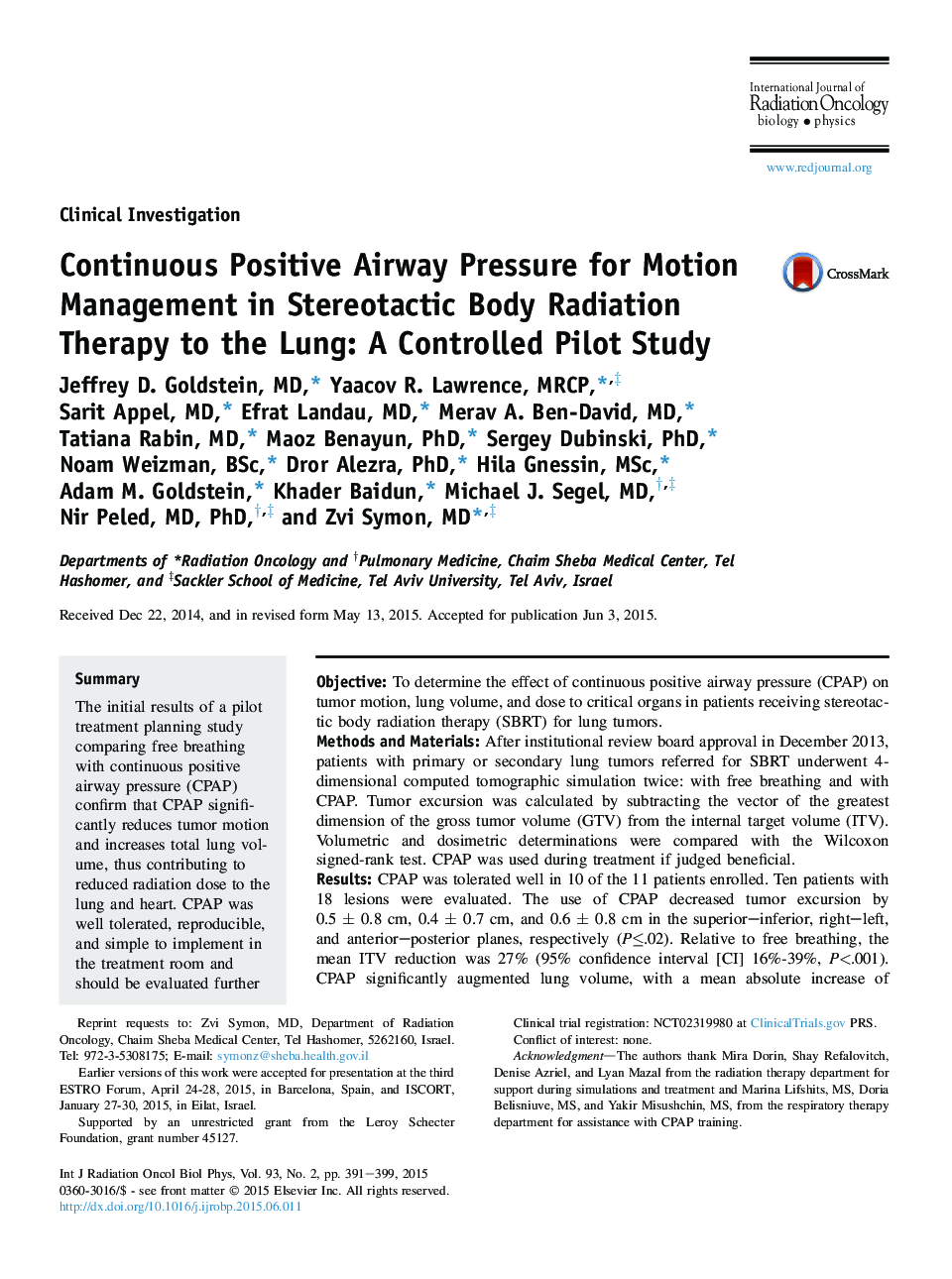 Continuous Positive Airway Pressure for Motion Management in Stereotactic Body Radiation Therapy to the Lung: A Controlled Pilot Study