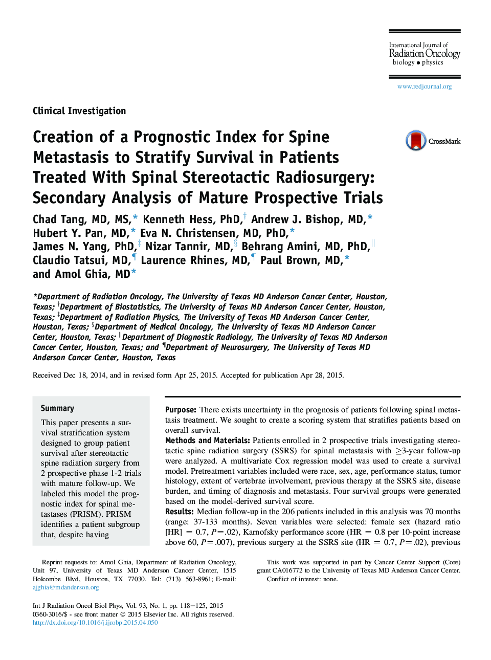 Creation of a Prognostic Index for Spine Metastasis to Stratify Survival in Patients Treated With Spinal Stereotactic Radiosurgery: Secondary Analysis of Mature Prospective Trials