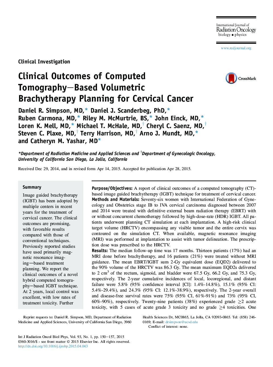 Clinical Outcomes of Computed Tomography-Based Volumetric Brachytherapy Planning for Cervical Cancer