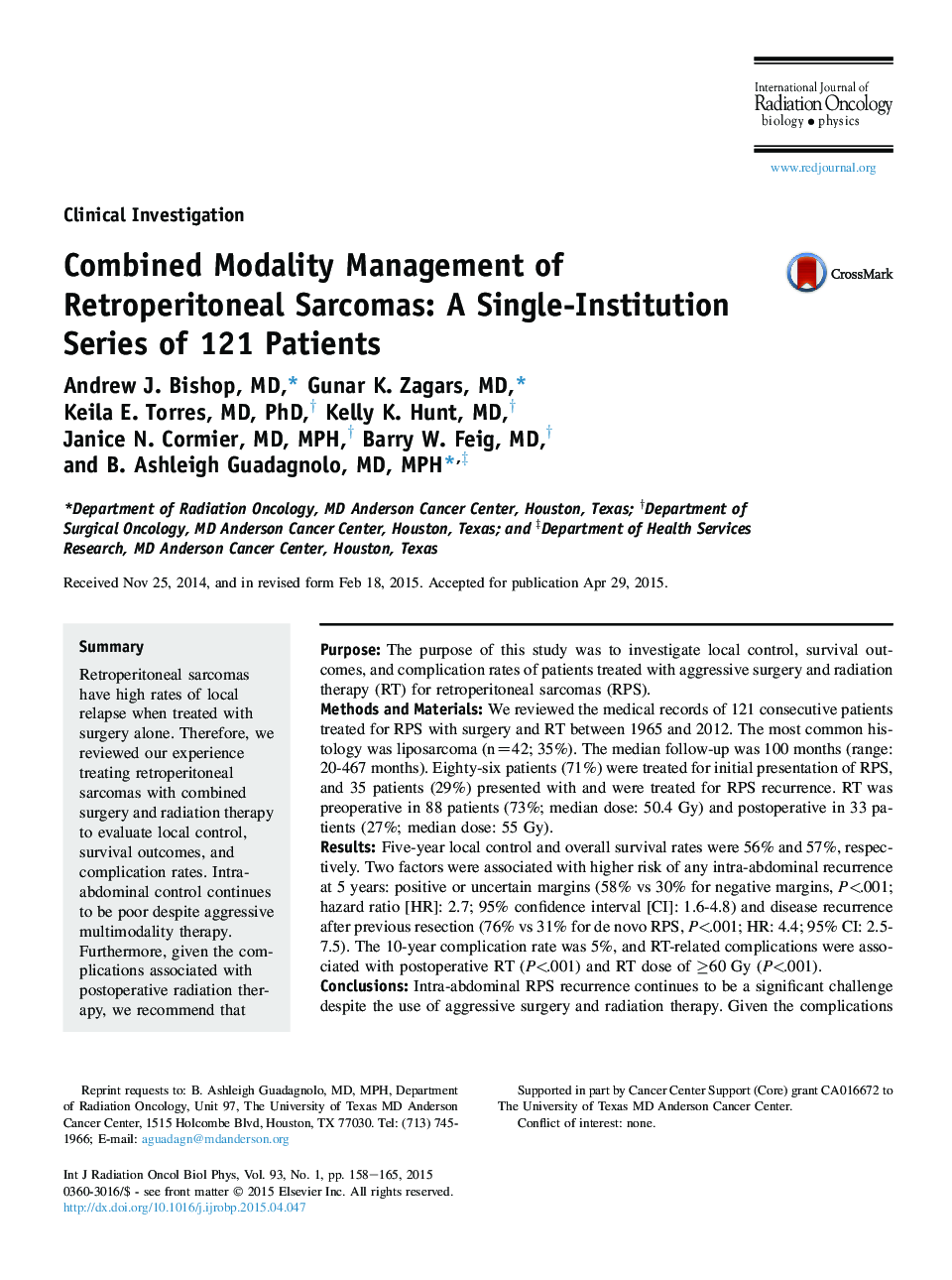 Combined Modality Management of Retroperitoneal Sarcomas: A Single-Institution Series of 121 Patients