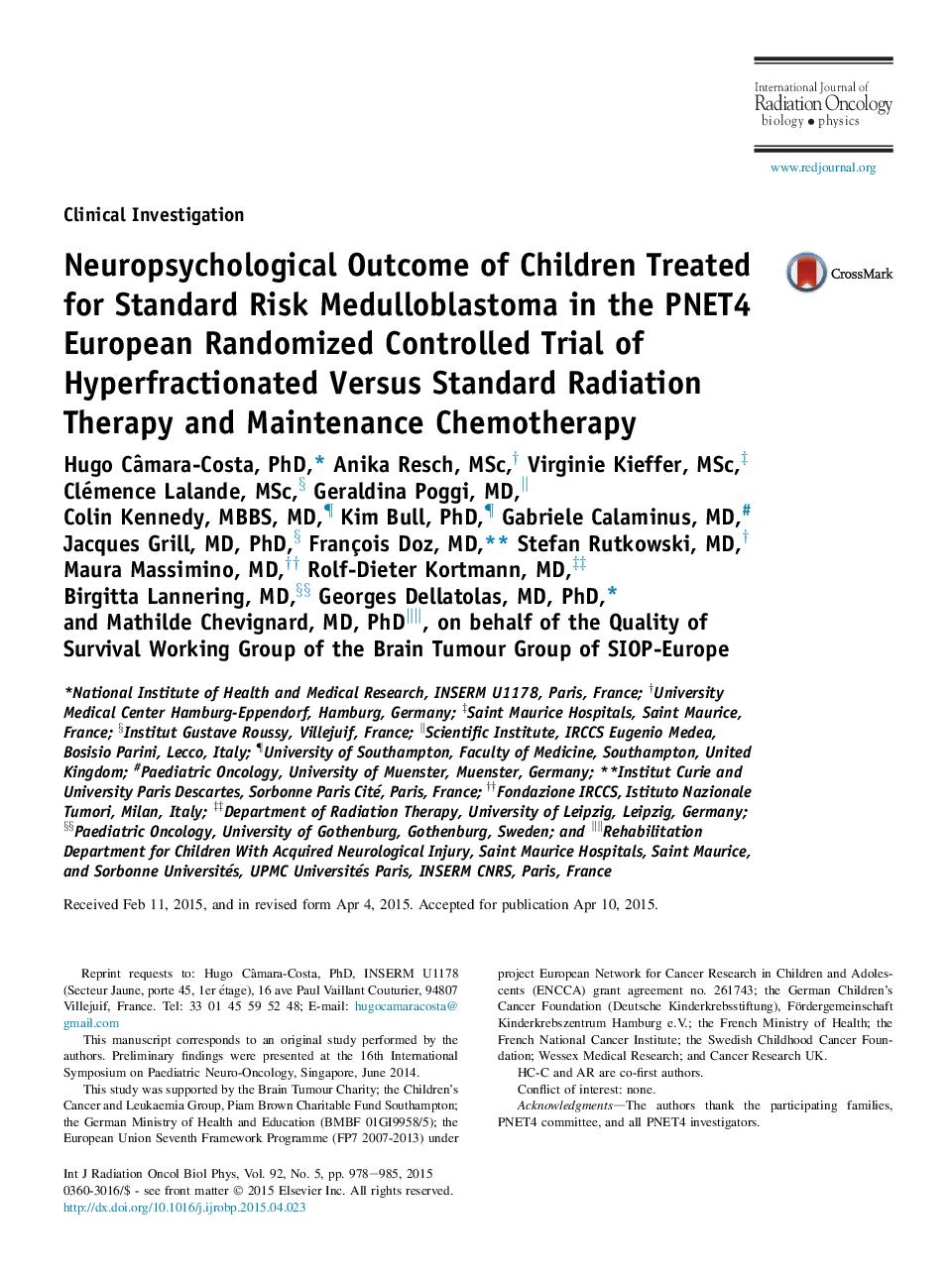 Neuropsychological Outcome of Children Treated for Standard Risk Medulloblastoma in the PNET4 European Randomized Controlled Trial of Hyperfractionated Versus Standard Radiation Therapy and Maintenance Chemotherapy