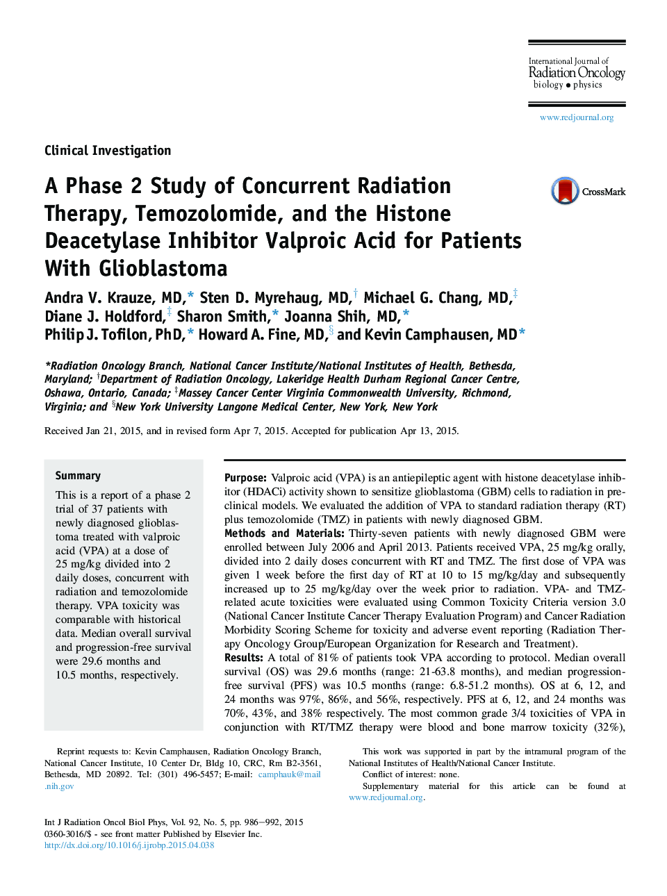 فاز 2 مطالعه درمان رادیوتراپی همزمان، تموزولومید و اسید واپنوباکسی هیستون دیاستیلاز برای بیماران مبتلا به گلیوبلاستوما 