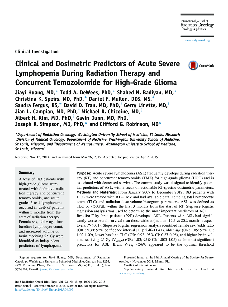 عکس صفحه اول مقاله: Clinical and Dosimetric Predictors of Acute Severe Lymphopenia During Radiation Therapy and Concurrent Temozolomide for High-Grade Glioma Clinical and Dosimetric Predictors of Acute Severe Lymphopenia During Radiation Therapy and Concurrent Temozolomide for High-Grade Glioma