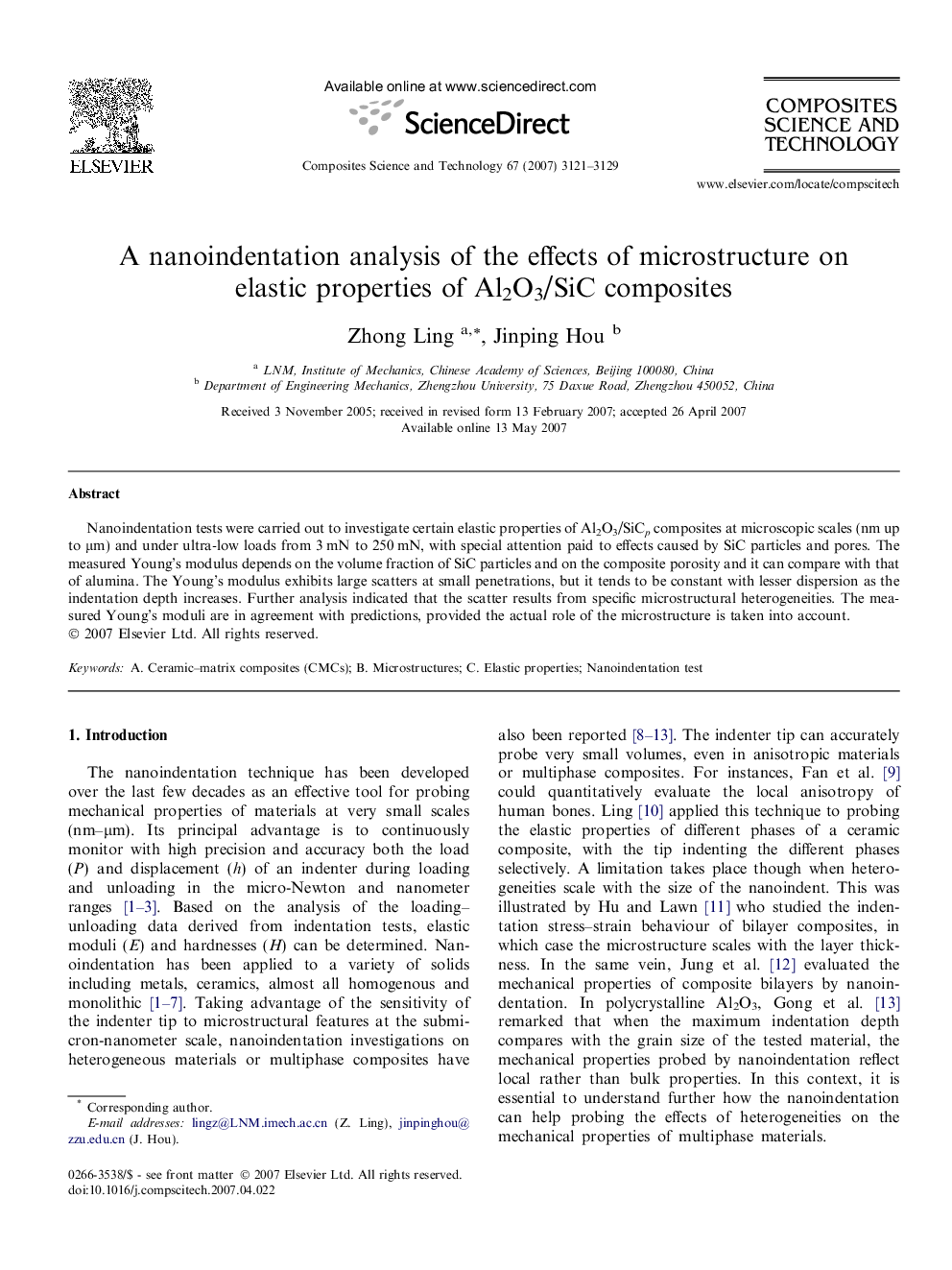 A nanoindentation analysis of the effects of microstructure on elastic properties of Al2O3/SiC composites