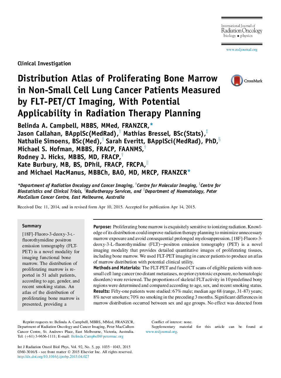 عکس صفحه اول مقاله: Distribution Atlas of Proliferating Bone Marrow in Non-Small Cell Lung Cancer Patients Measured by FLT-PET/CT Imaging, With Potential Applicability in Radiation Therapy Planning Distribution Atlas of Proliferating Bone Marrow in Non-Small Cell Lung Cancer Patients Measured by FLT-PET/CT Imaging, With Potential Applicability in Radiation Therapy Planning
