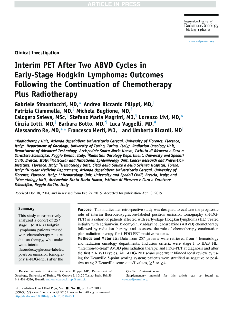 عکس صفحه اول مقاله: Interim PET After Two ABVD Cycles in Early-Stage Hodgkin Lymphoma: Outcomes Following the Continuation of Chemotherapy Plus Radiotherapy Interim PET After Two ABVD Cycles in Early-Stage Hodgkin Lymphoma: Outcomes Following the Continuation of Chemotherapy Plus Radiotherapy