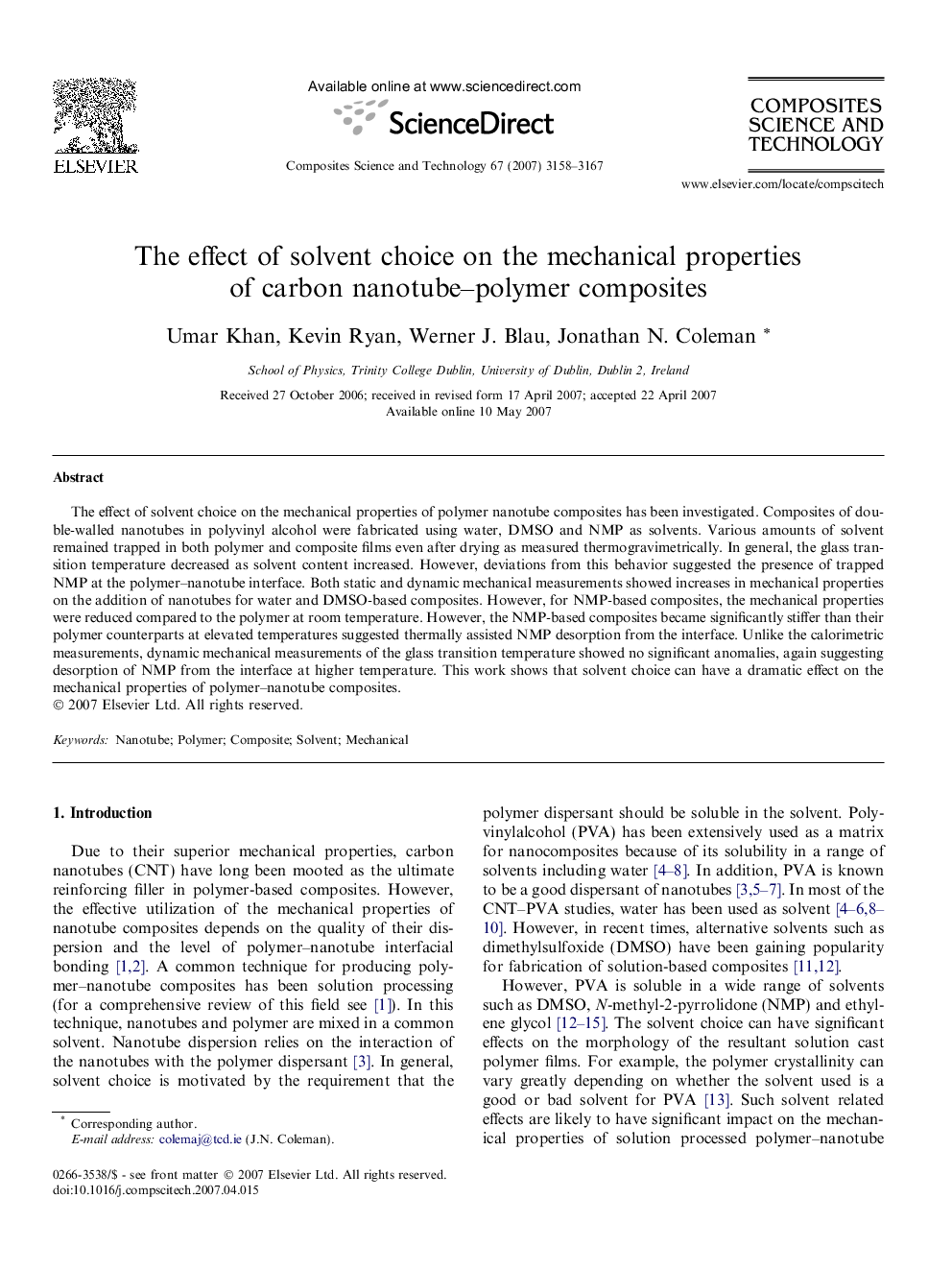 The effect of solvent choice on the mechanical properties of carbon nanotube–polymer composites