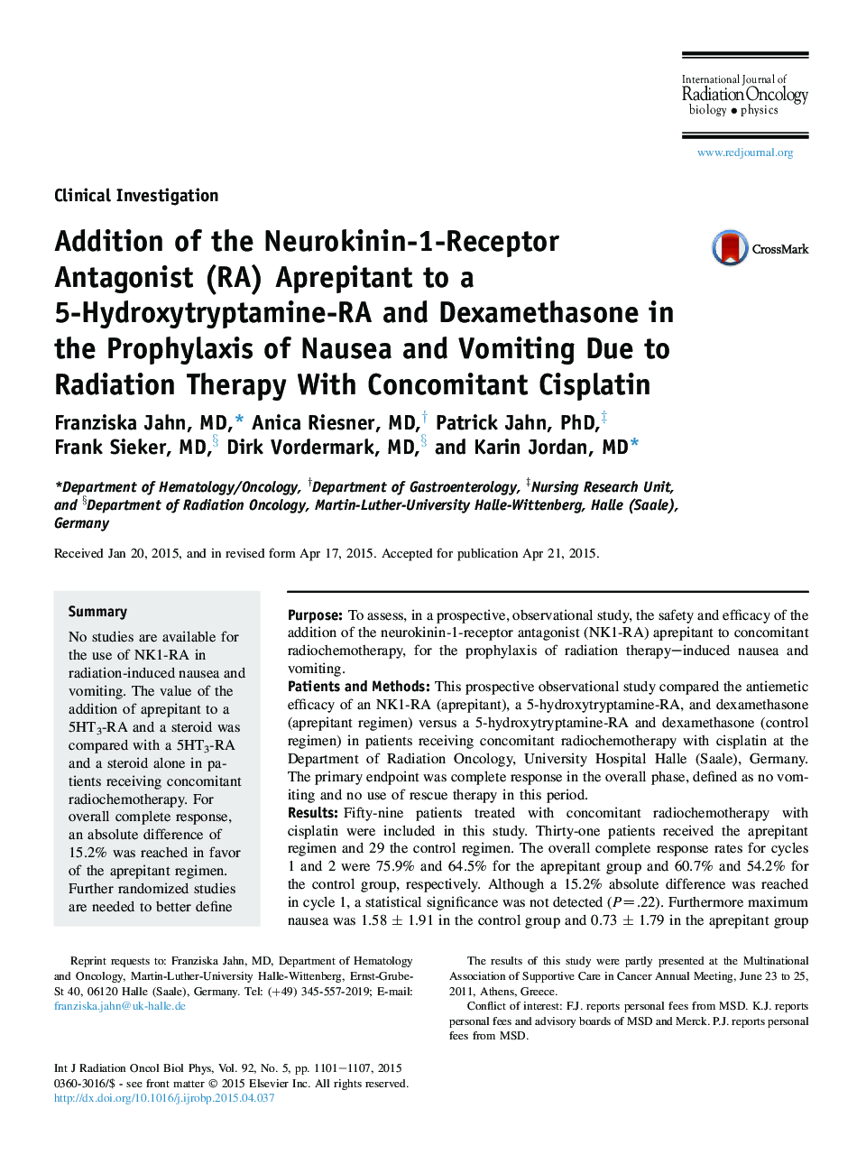 Addition of the Neurokinin-1-Receptor Antagonist (RA) Aprepitant to a 5-Hydroxytryptamine-RA and Dexamethasone in the Prophylaxis of Nausea and Vomiting Due to Radiation Therapy With Concomitant Cisplatin