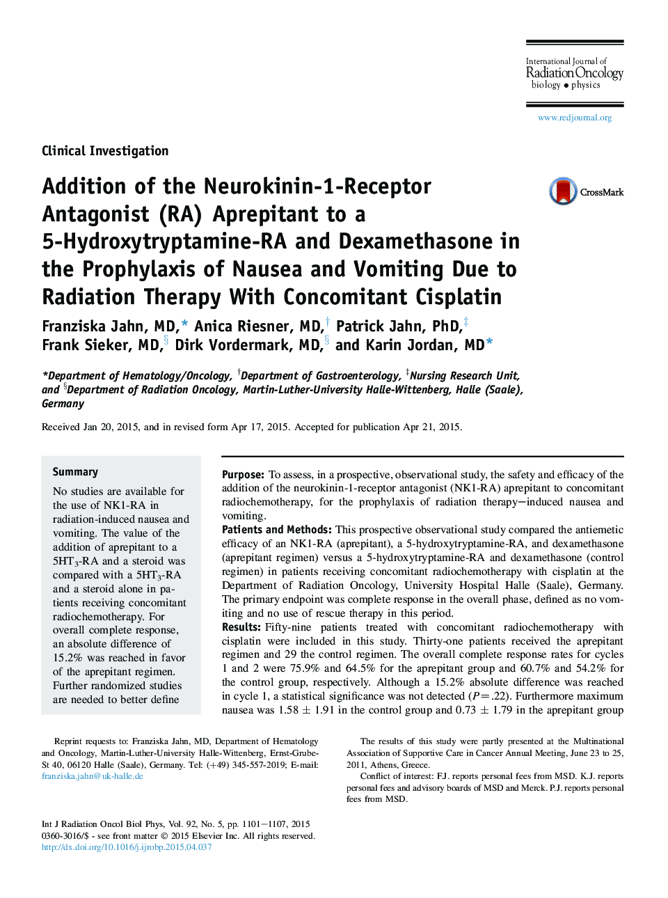 عکس صفحه اول مقاله: Addition of the Neurokinin-1-Receptor Antagonist (RA) Aprepitant to a 5-Hydroxytryptamine-RA and Dexamethasone in the Prophylaxis of Nausea and Vomiting Due to Radiation Therapy With Concomitant Cisplatin Addition of the Neurokinin-1-Receptor Antagonist (RA) Aprepitant to a 5-Hydroxytryptamine-RA and Dexamethasone in the Prophylaxis of Nausea and Vomiting Due to Radiation Therapy With Concomitant Cisplatin