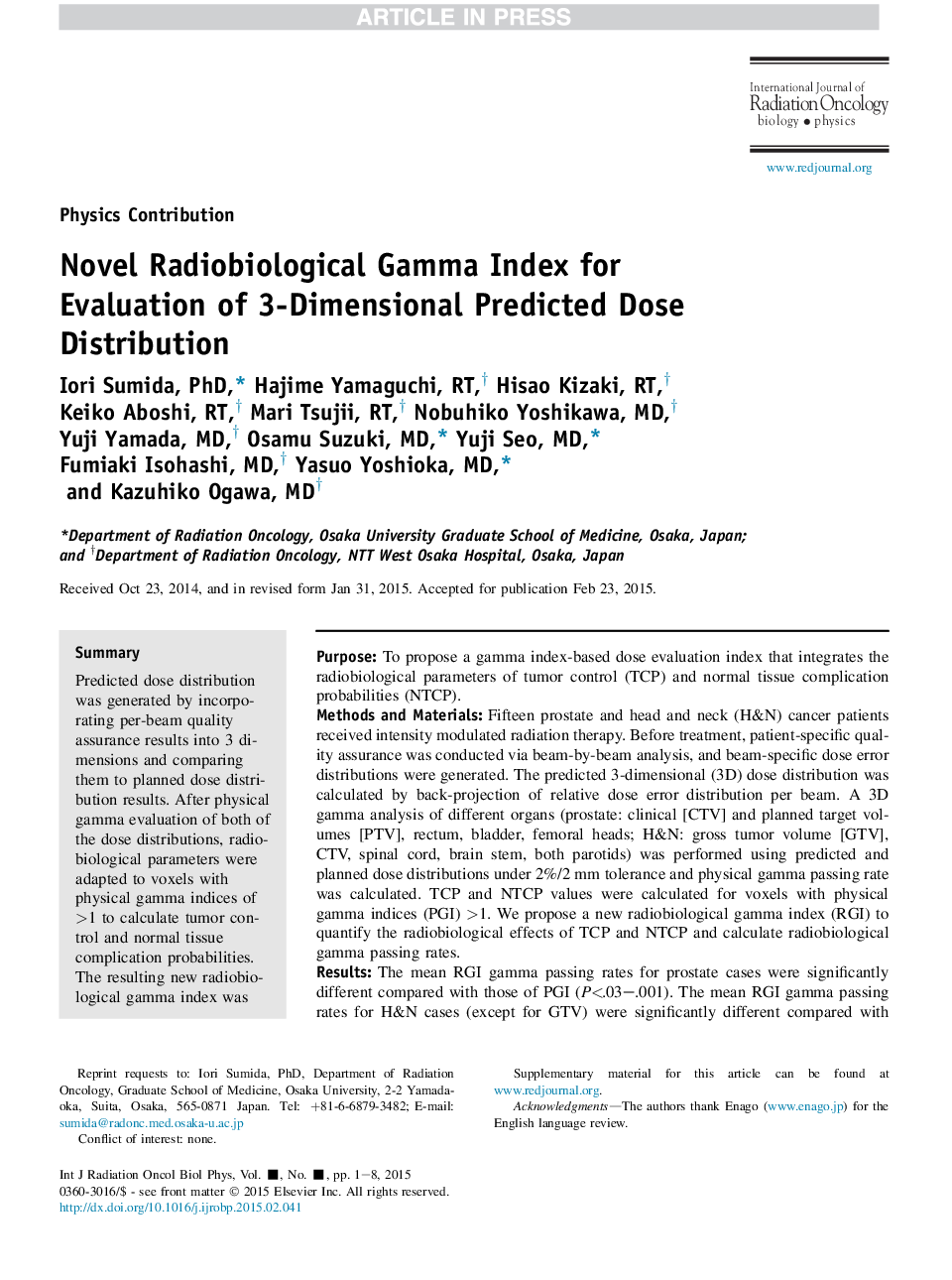 Novel Radiobiological Gamma Index for Evaluation of 3-Dimensional Predicted Dose Distribution