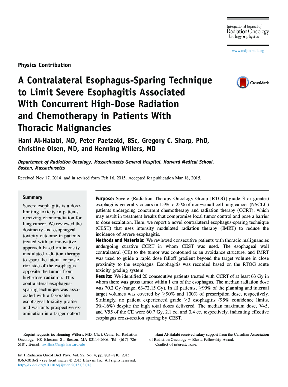 A Contralateral Esophagus-Sparing Technique to Limit Severe Esophagitis Associated With Concurrent High-Dose Radiation and Chemotherapy in Patients With Thoracic Malignancies