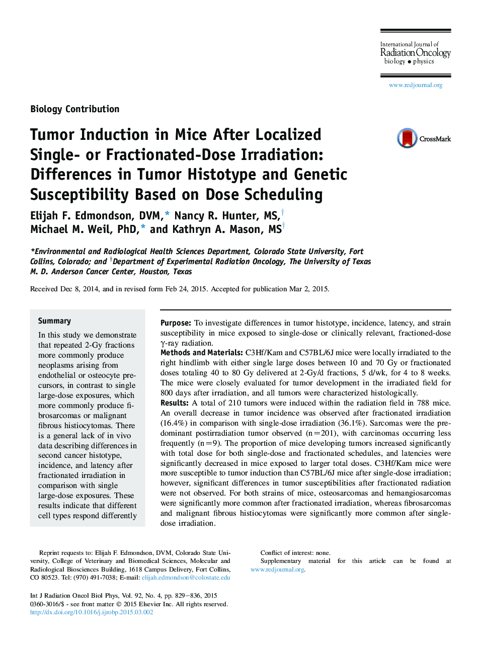 القای تومور در موش ها پس از موضع گیری موضعی یک یا دوز تابش: تفاوت هیستوپیت تومور و حساسیت ژنتیکی بر اساس برنامه ریزی دوز 