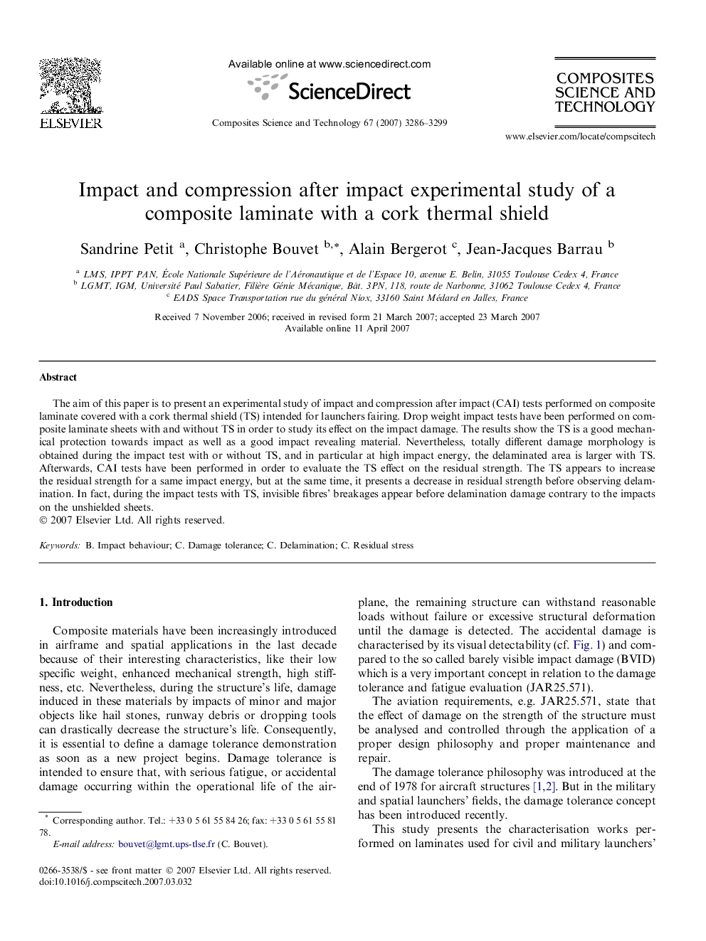 Impact and compression after impact experimental study of a composite laminate with a cork thermal shield