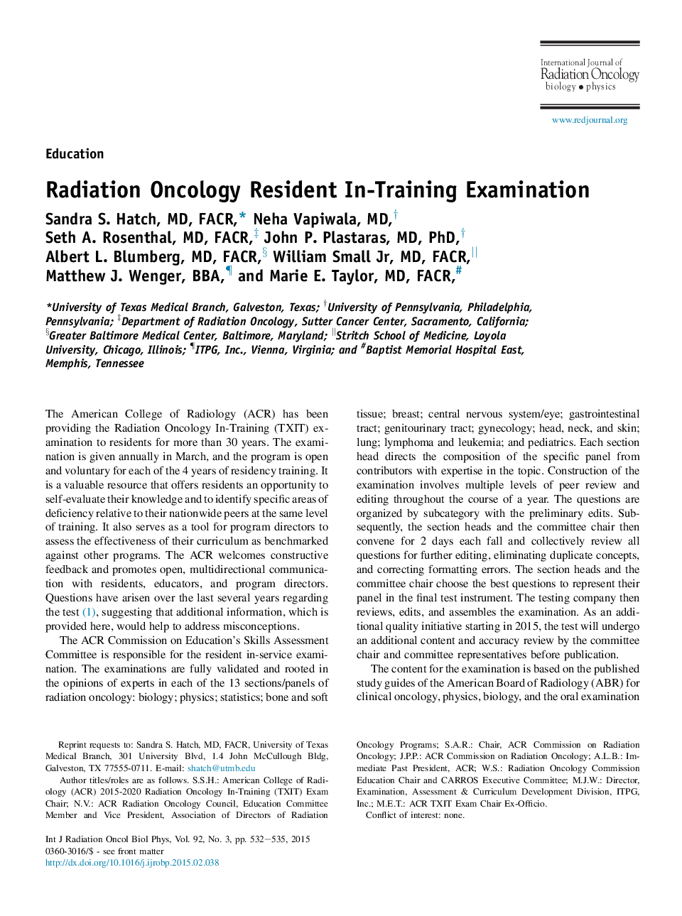 Radiation Oncology Resident In-Training Examination