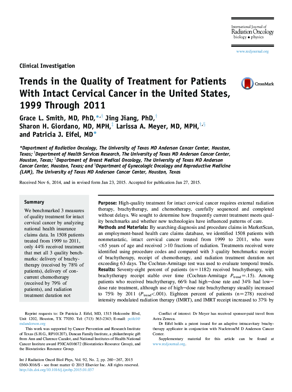 Trends in the Quality of Treatment for Patients With Intact Cervical Cancer in the United States, 1999 Through 2011