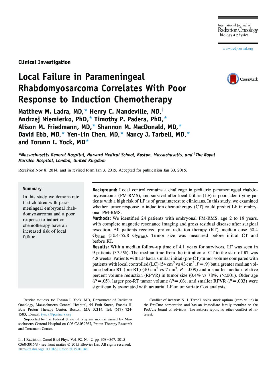 Local Failure in Parameningeal Rhabdomyosarcoma Correlates With Poor Response to Induction Chemotherapy