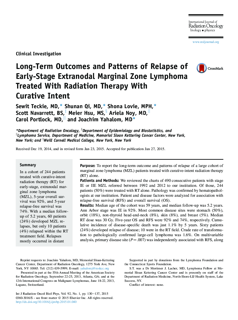 Long-Term Outcomes and Patterns of Relapse of Early-Stage Extranodal Marginal Zone Lymphoma Treated With Radiation Therapy With Curative Intent