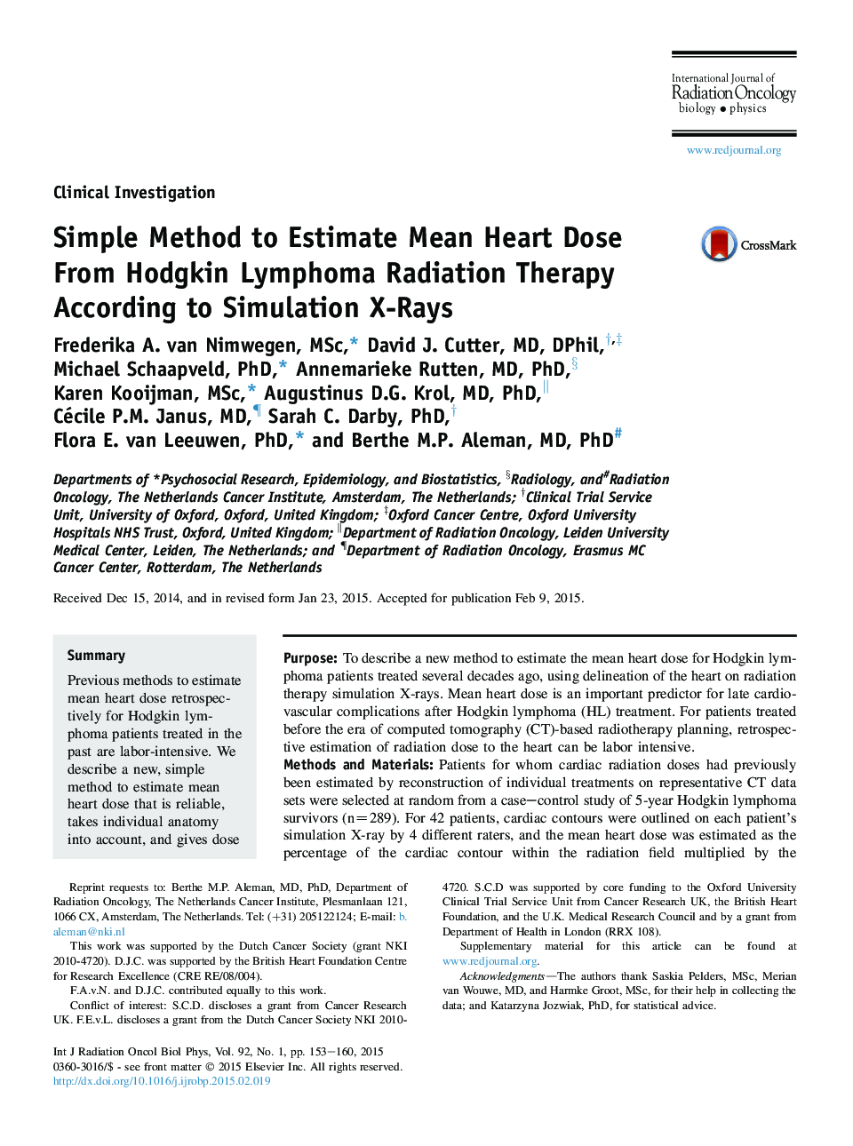 Simple Method to Estimate Mean Heart Dose From Hodgkin Lymphoma Radiation Therapy According to Simulation X-Rays