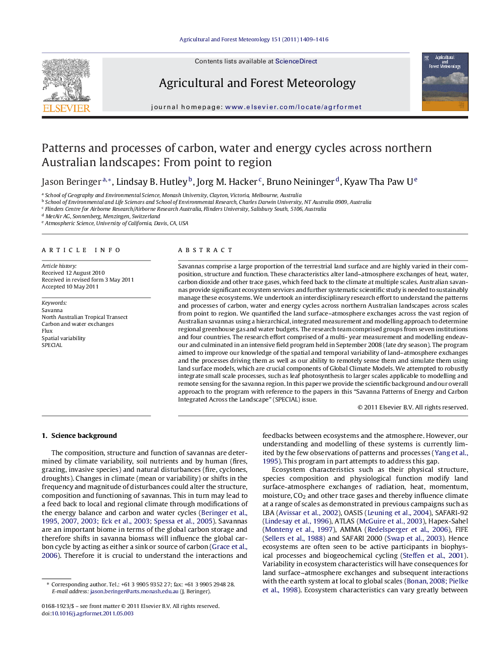 Patterns and processes of carbon, water and energy cycles across northern Australian landscapes: From point to region