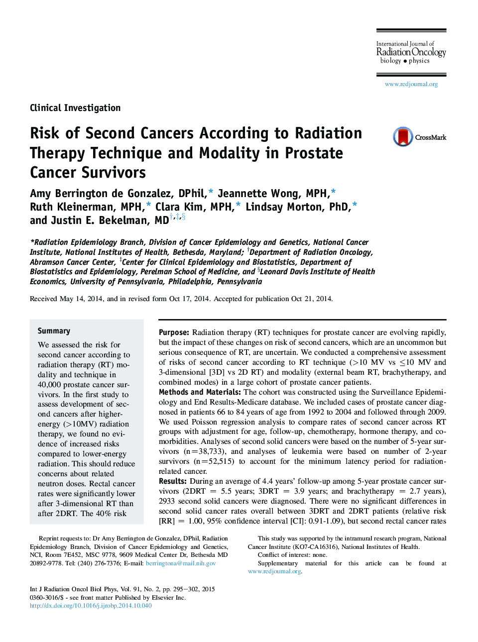 Risk of Second Cancers According to Radiation Therapy Technique and Modality in Prostate Cancer Survivors