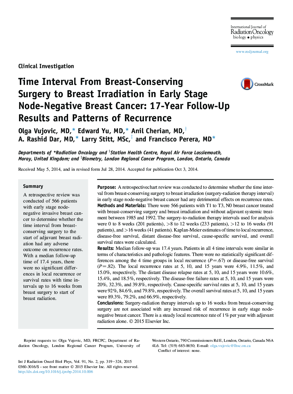 فاصله زمانی از جراحی محافظت از پستان تا تابش پستان در مراحل اولیه سرطان پستان منفرد بوته: نتایج پیگیری 17 ساله و الگوهای عود 