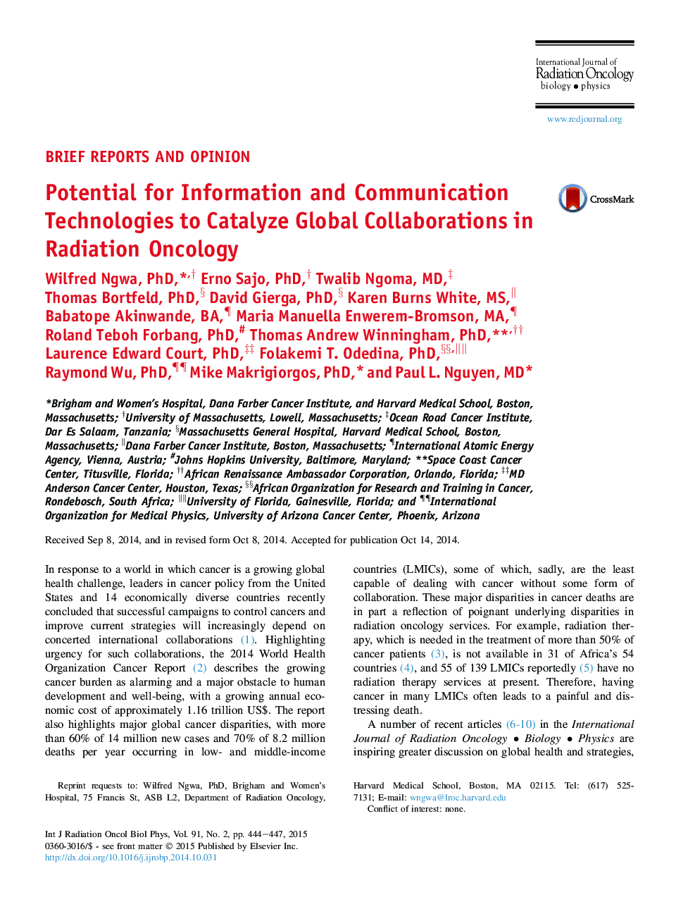 Potential for Information and Communication Technologies to Catalyze Global Collaborations in Radiation Oncology