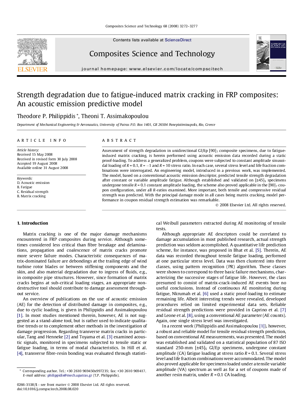 Strength degradation due to fatigue-induced matrix cracking in FRP composites: An acoustic emission predictive model