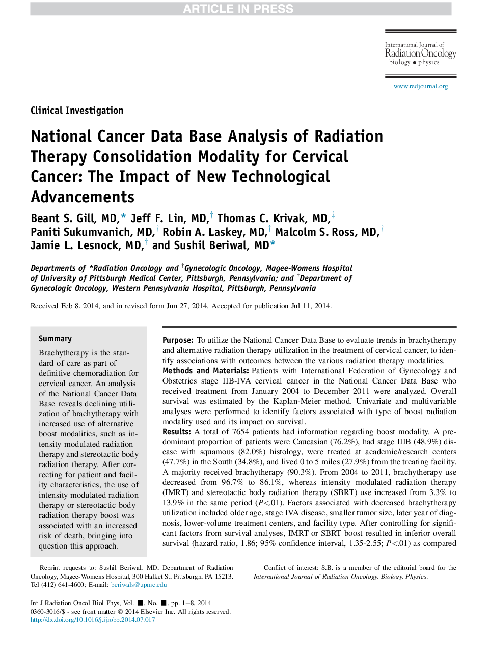 National Cancer Data Base Analysis of Radiation Therapy Consolidation Modality for Cervical Cancer: The Impact of New Technological Advancements