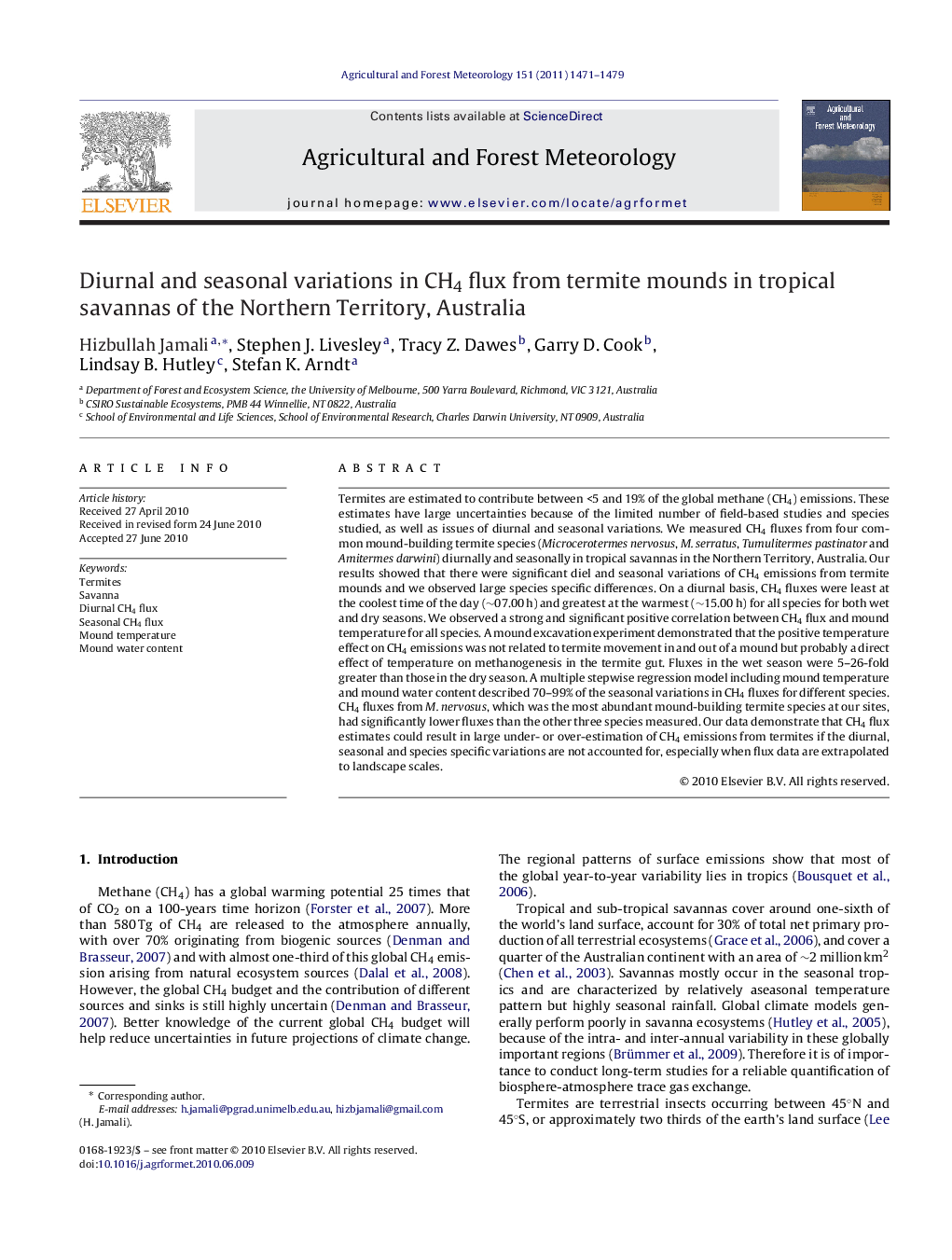 عکس صفحه اول مقاله: Diurnal and seasonal variations in CH4 flux from termite mounds in tropical savannas of the Northern Territory, Australia Diurnal and seasonal variations in CH4 flux from termite mounds in tropical savannas of the Northern Territory, Australia