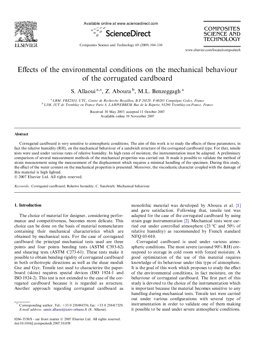 Effects of the environmental conditions on the mechanical behaviour of the corrugated cardboard