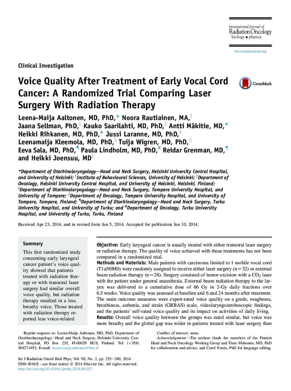 Voice Quality After Treatment of Early Vocal Cord Cancer: A Randomized Trial Comparing Laser Surgery With Radiation Therapy