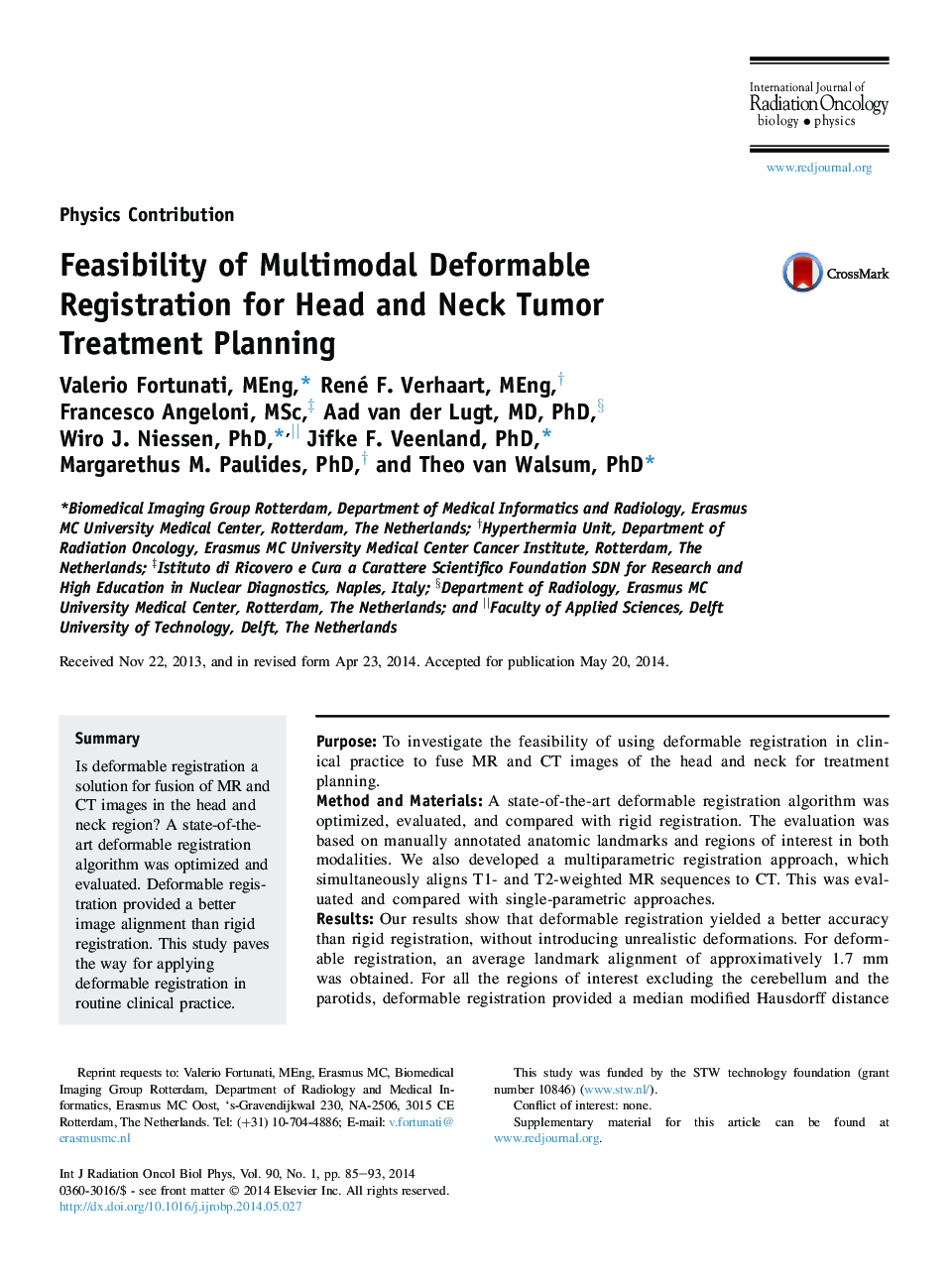 Feasibility of Multimodal Deformable Registration for Head and Neck Tumor Treatment Planning