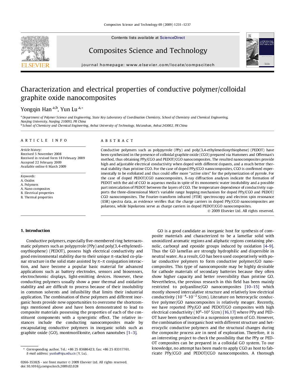 Characterization and electrical properties of conductive polymer/colloidal graphite oxide nanocomposites